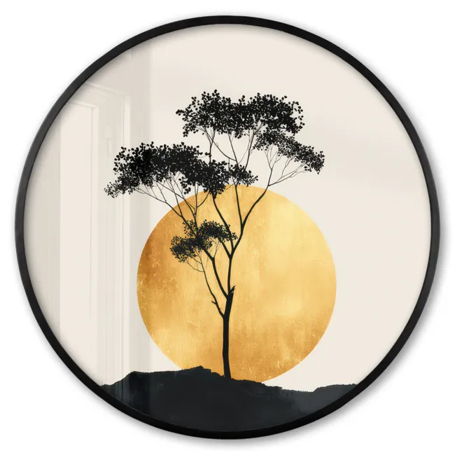 Photo Frame Round - Black tree - Golden circle - Hill