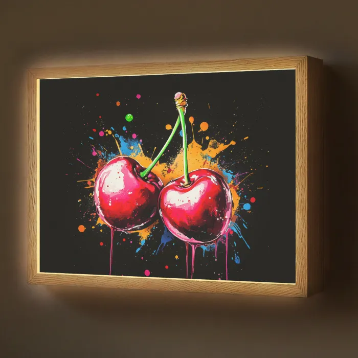 Kersen - Fruit - Graffiti - Verf - Abstract - Modern - Kleurrijk Light Box met batterij (Wandlamp) middel -z3d_website