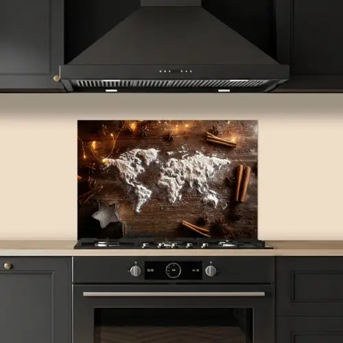 Wereldkaart - Poedersuiker - Hout keuken achterwand spatscherm klein -sfeer1