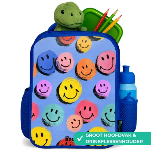 Een speels en kunstzinnig patroon van kleurrijke smileys Kinderrugzak - Blauw middel -inhoud_NL