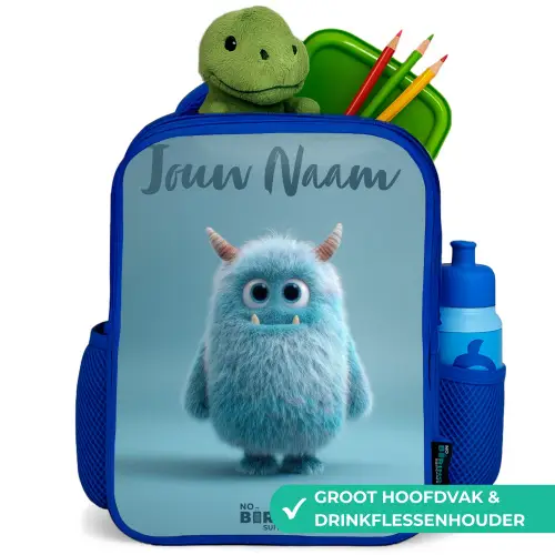 Blauw pluizig monster met hoorns Kinderrugzak - Blauw middel -inhoud_NL