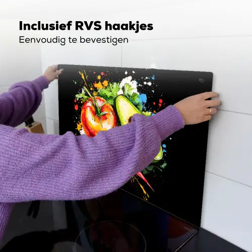 Tomaat - Avocado - Peper - Graffiti - Verf - Modern Inductie beschemer met haakjes klein -ky-ophangen-nl