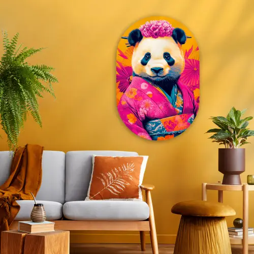 Kimono - Roze - Panda - Bloemenkroon Wandcirkel Ovaal Glas middel -sfeer4