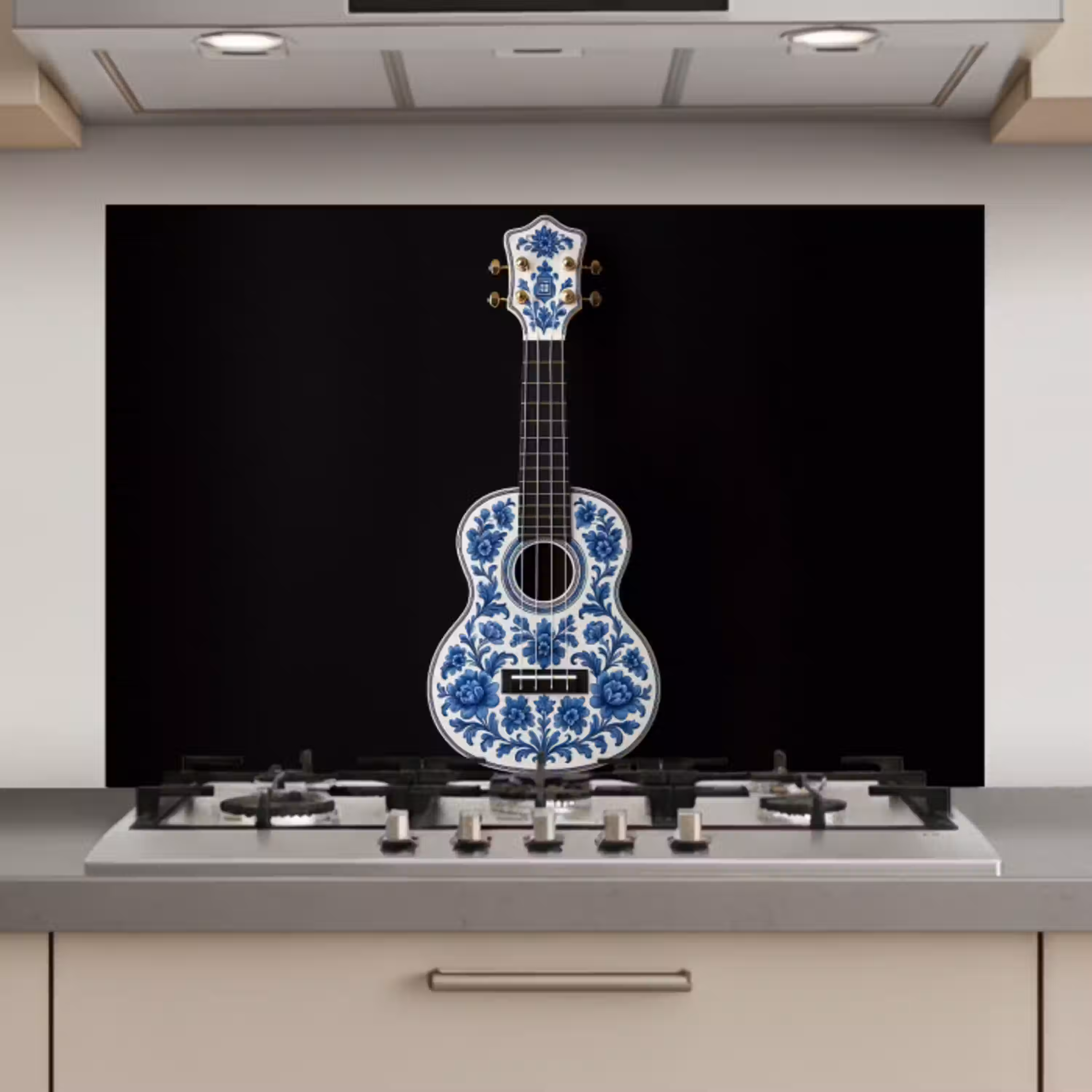 Ukelele - Delfts - Blauw - Muziek keuken achterwand spatscherm klein -3d_website