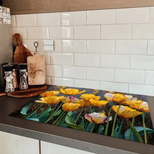 Tulpen - Geel - Penseelstreken - Abstract Inductie beschermer vinyl 3mm klein -sfeer3