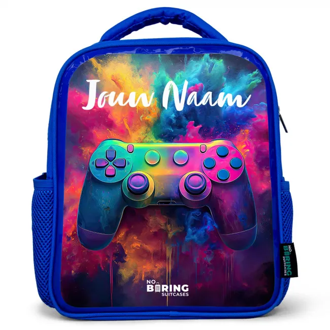 Rugzak kind met naam - Blauw Game - Controller - Kleurrijk - Explosie