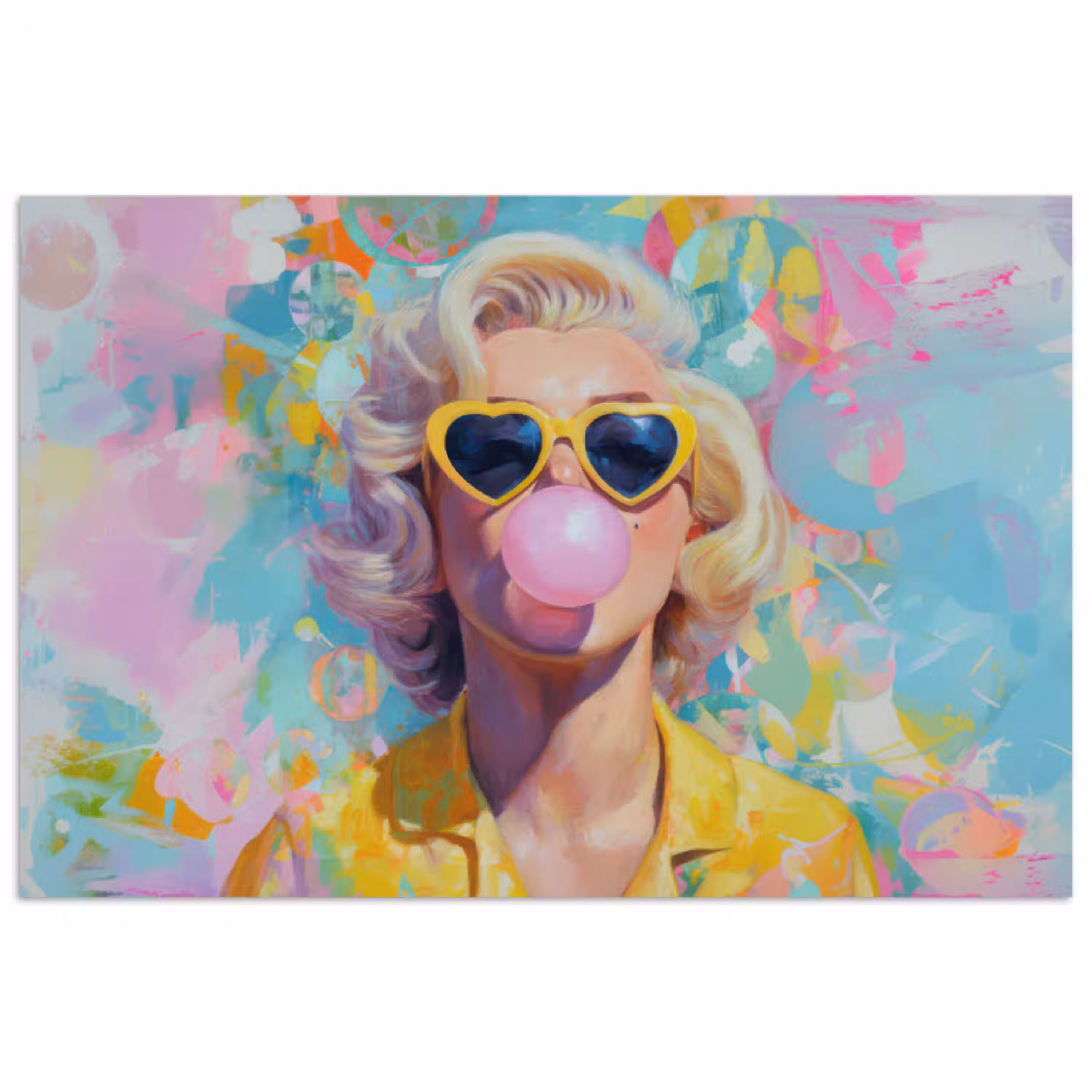 Vrouw - Blond - Roze kauwgom - Kleurrijk - Pastel poster papier klein -3d