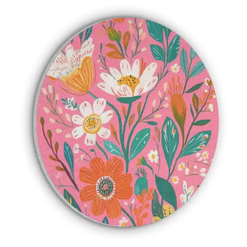 Roze - Bloemen - Wit - Oranje Akoestische PET Vilt - Rond klein -3d
