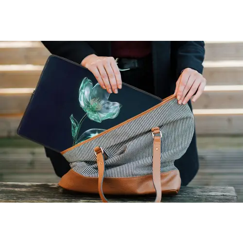 Bladeren - Bloem - Glazen - Donkerblauw laptophoes neopreen klein -tas