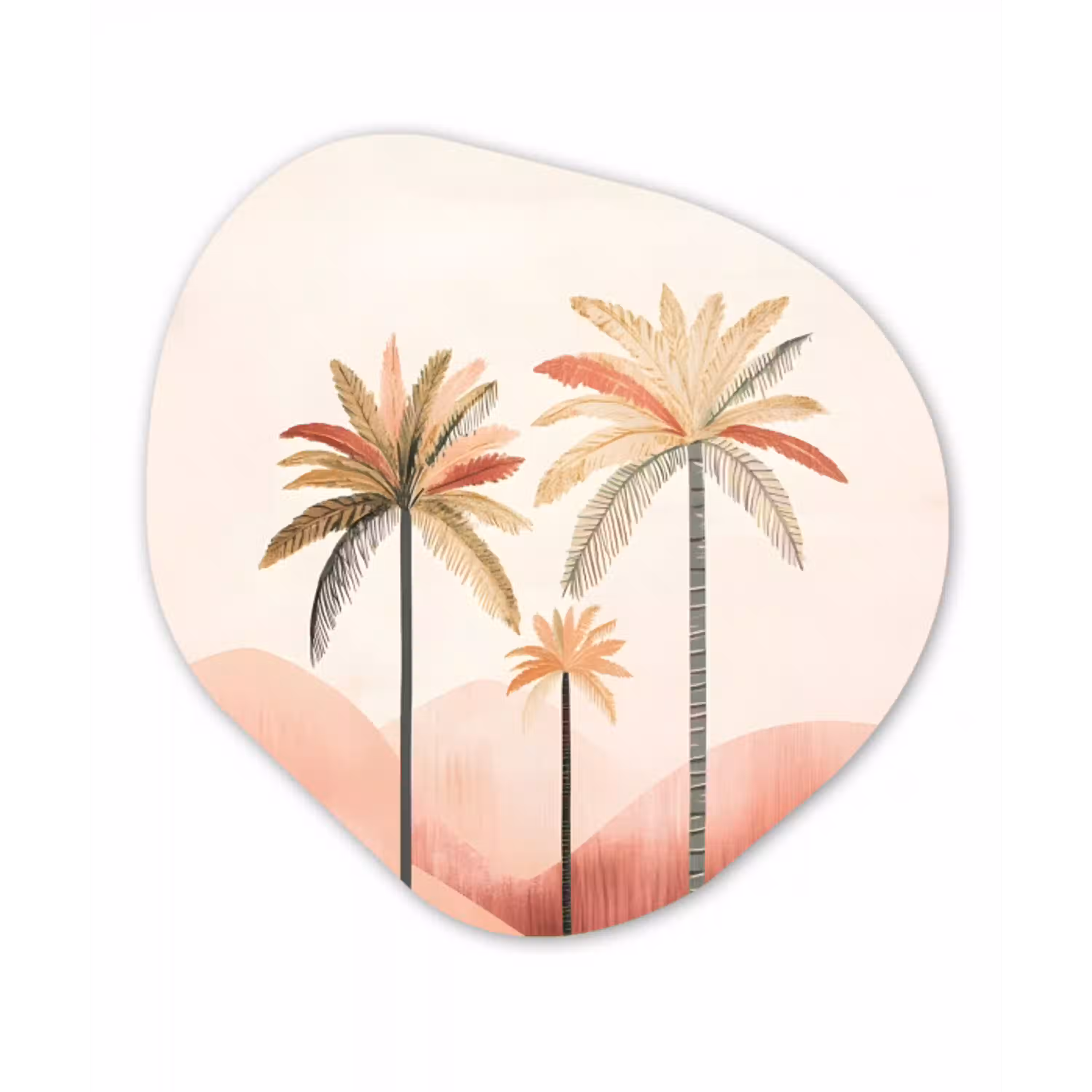 Palmbomen - Heuvels - Minimalistisch - Zachtroze Wandcirkel Organisch Plexiglas middel -3d