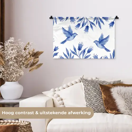 Modern - Vogels - Delfts - Blauw Wandkleed katoen klein -sfeer1