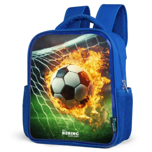 Vuurvoetbal in doelnet vastgelegd Kinderrugzak - Blauw middel -schuin