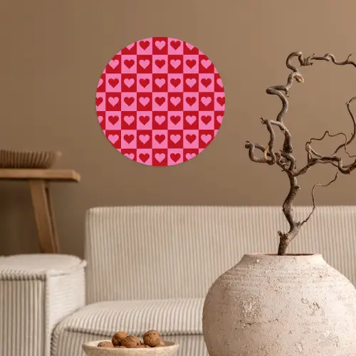 Rood - Roze - Schaakbord - Valentijn Wandcirkel behangsticker klein -sfeer1