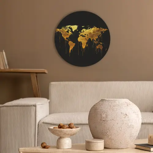 Wereldkaart - Goud - Druipen - Zwart Akoestische PET Vilt - Rond klein -sfeer1
