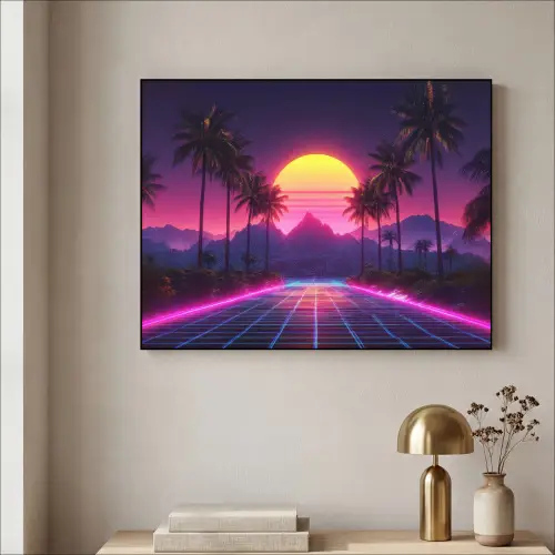 Horizon - Palmbomen - Bergen - Geel Textielframe zwart klein -sfeer2