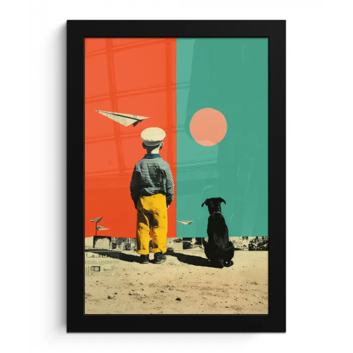Retro - Jongen - Hond - Rood - Groen fotolijst zwart zonder passe partout klein -3d