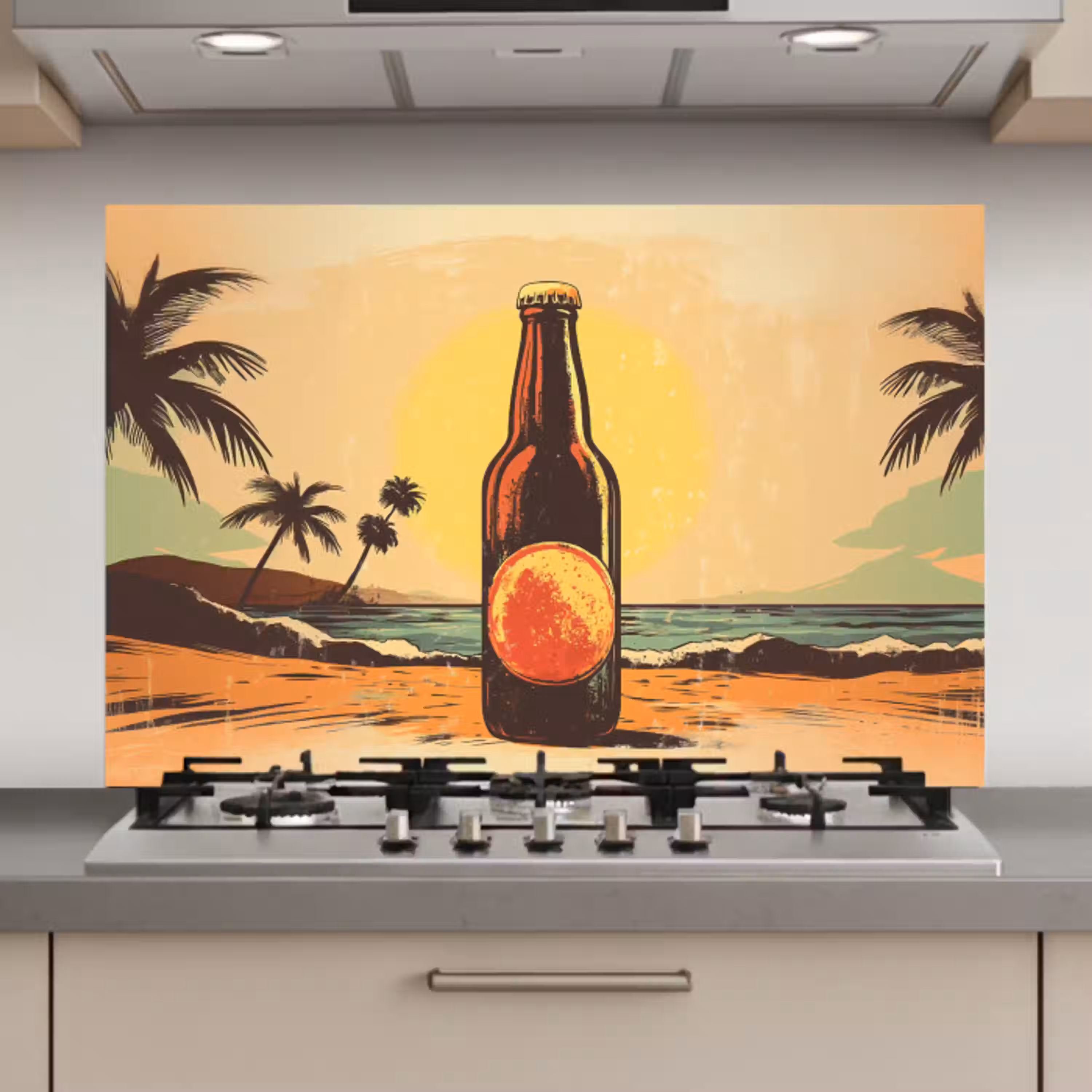 Bierfles - Zonsondergang - Palmbomen - Zee keuken achterwand spatscherm klein -3d_website