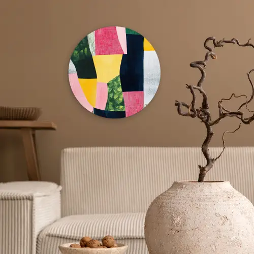 Abstract - Roze - Lappen - Vormen - Geel Wandcirkel plexiglas klein -sfeer1
