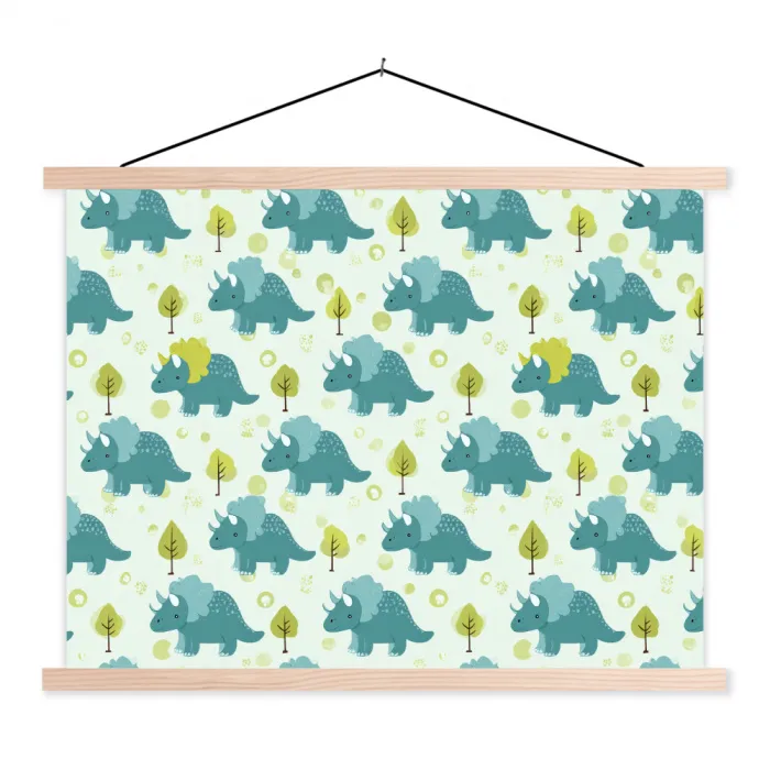 Triceratop - Blauw - Stippen - Boompjes textielposter latten blank klein -3d