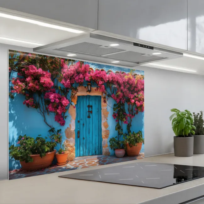 Paraschizzi cucina - Porta - Legno - Fiori - Blu