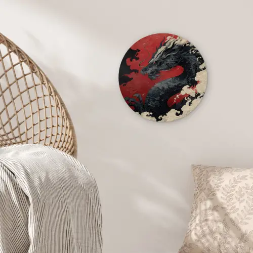 Zwarte draak - Rookwolken - Rood Wandcirkel kunststof plaat 5mm dik klein -sfeer5