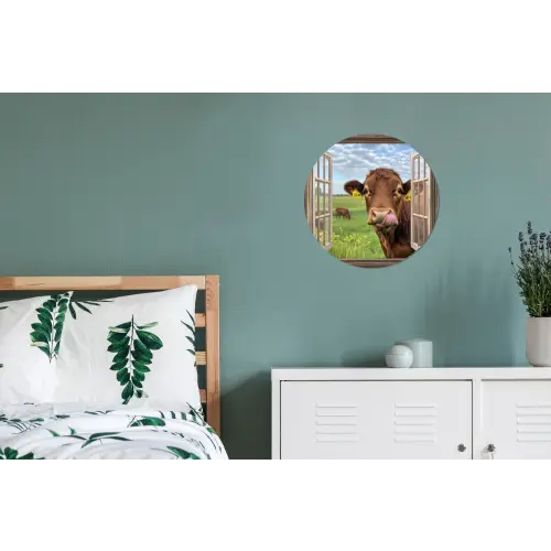 Doorkijk - Koe - Weiland - Landschap - Dieren Wandcirkel aluminium klein -slaapkamer