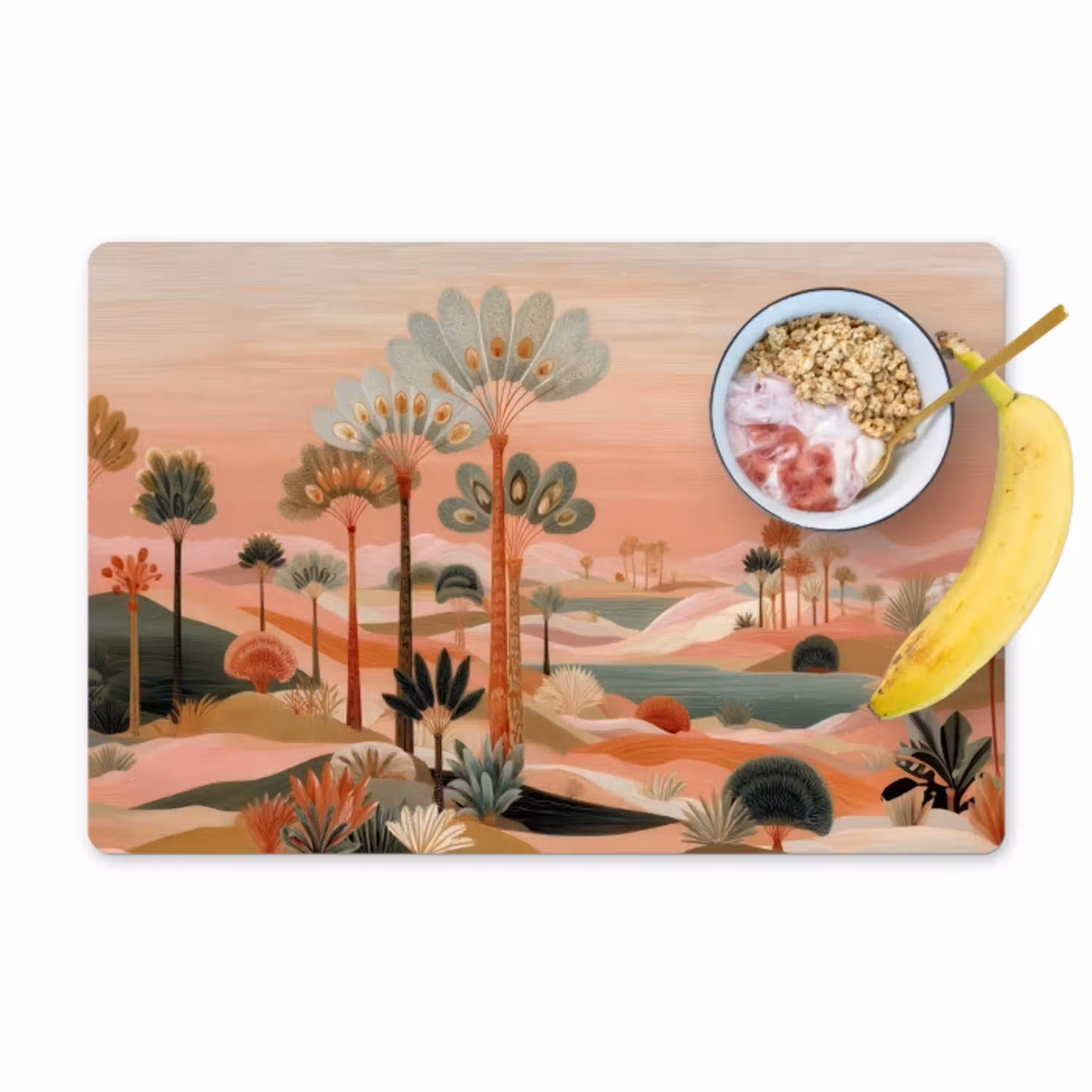 Roze landschap - Palmen - Water Placemat vinyl groot -zzzproduct_Kitchenyeah-website