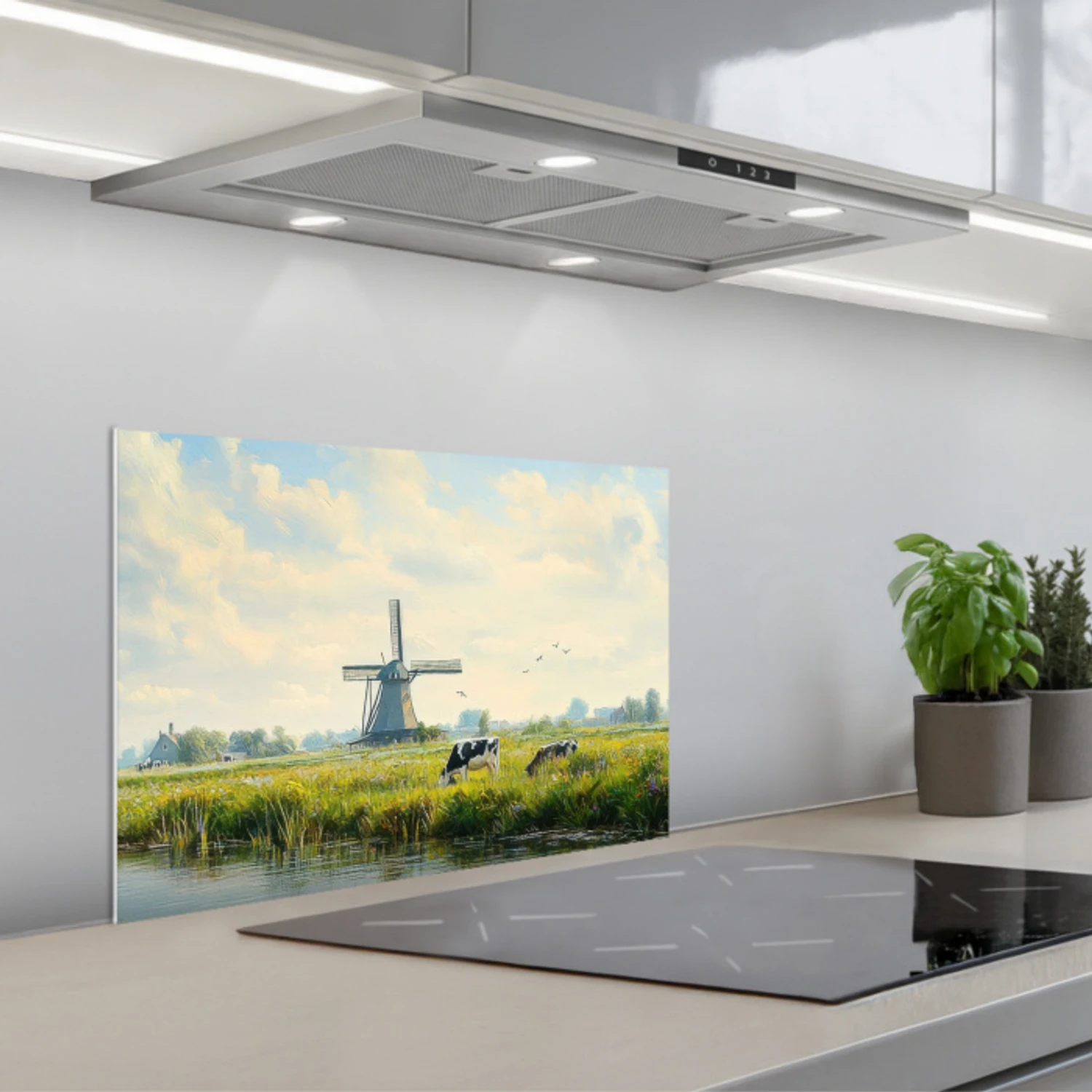 Kitchen splashback for hob - Cows - Windmill - Meadow - Blue ...