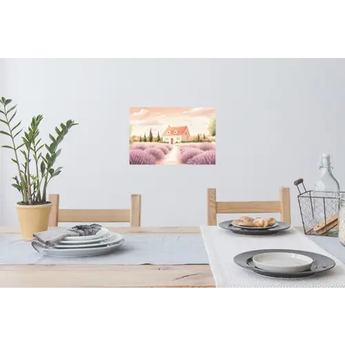 Lavendelveld - Huis - Paars Muursticker klein -eettafel