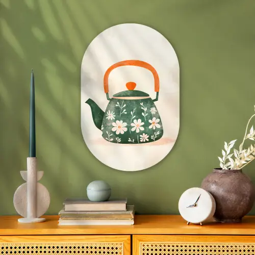 Theepot - Groen - Bloemen - Oranje Wandcirkel Ovaal Forex klein -sfeer2