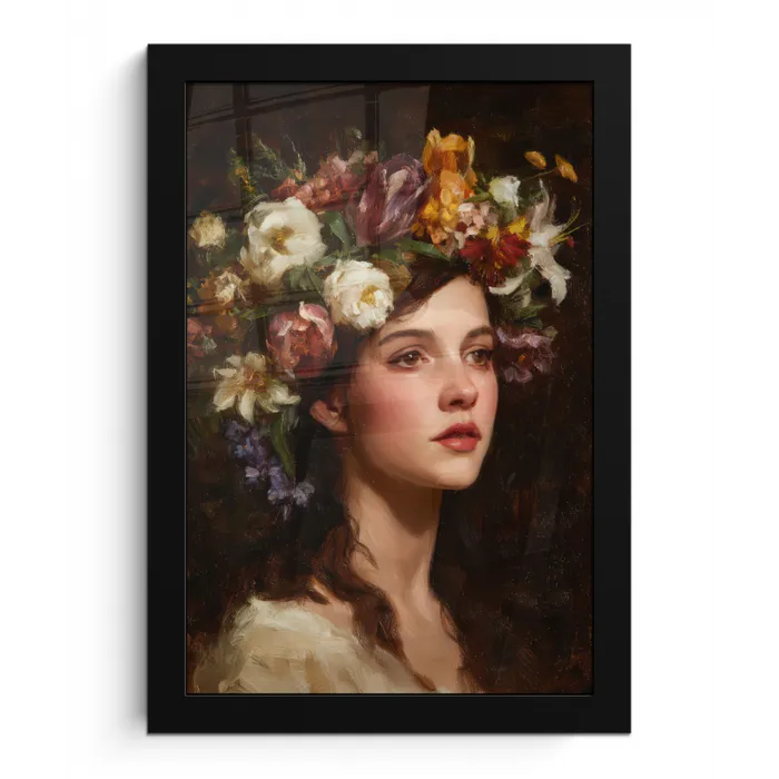 Portret - Vrouw - Bloemen fotolijst zwart zonder passe partout klein -3d