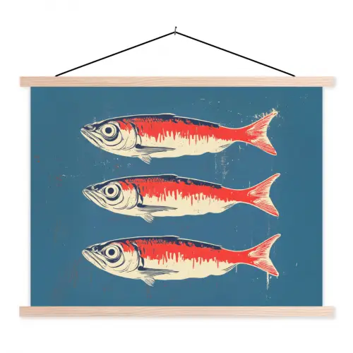 Vissen - Rood - Blauw textielposter latten blank klein -3d
