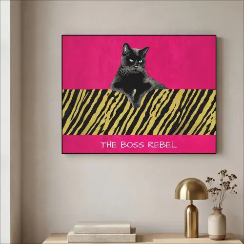 Kat - Baas - Roze - Tijgerprint Textielframe zwart klein -sfeer2