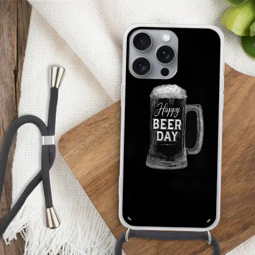 Bierpul - Witte krijtletters - Happy beer day Hoesje iPhone 16 Pro Max met koord klein -sfeer4