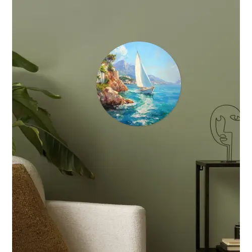 Zeilboot - Rotsen - Kust - Huizen Wandcirkel behangsticker klein -sfeer2