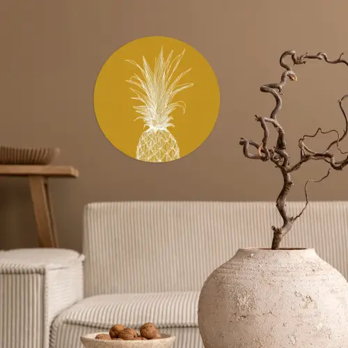 Lijnillustratie - Ananas - Bladkroon - Okergeel Wandcirkel behangsticker klein -sfeer1