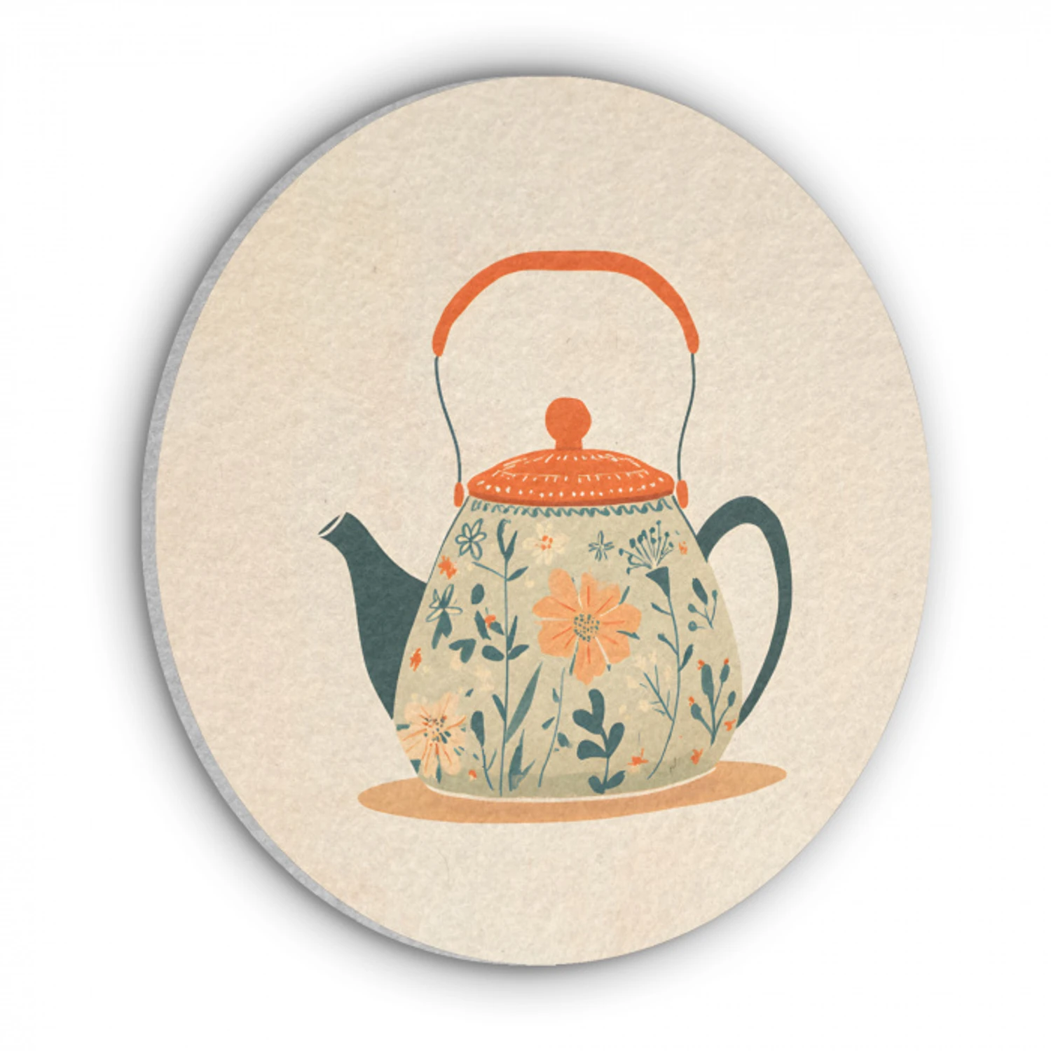 Oranje - Theepot - Bloemen - Bladeren Akoestische PET Vilt - Rond klein -3d