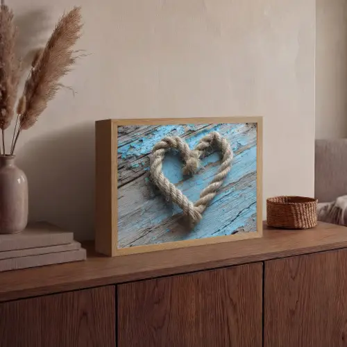 Hart - Touw - Hout - Rustiek Light Box met batterij (Wandlamp) middel -sfeer2