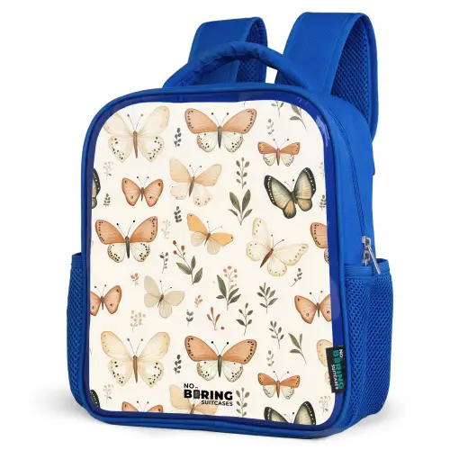 Vlinders in beige en oranjetinten tussen groene blaadjes Kinderrugzak - Blauw middel -schuin