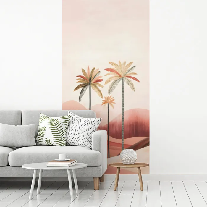 Palmbomen - Heuvels - Minimalistisch - Zachtroze fotobehang vinyl groot -woonkamer