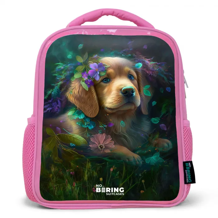 Bruine hond tussen de bloemen Kinderrugzak - Roze middel -3d