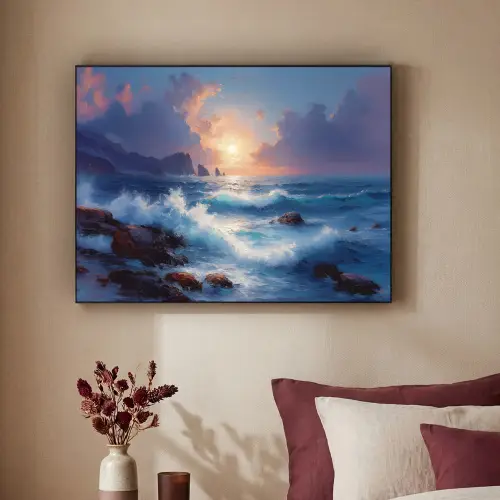 Golven - Zee - Kleurrijk - Rotsen Textielframe zwart klein -sfeer1