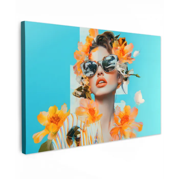 Bloemen - Vrouw - Zonnebril - Blauw Tuinposter op houten frame 2 cm dik klein -3d