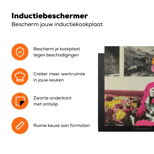 Vrouw - Kat - Bloemen - Kopje - Retro Inductie beschermer vinyl 3mm klein -zzzzzzz-td-ups