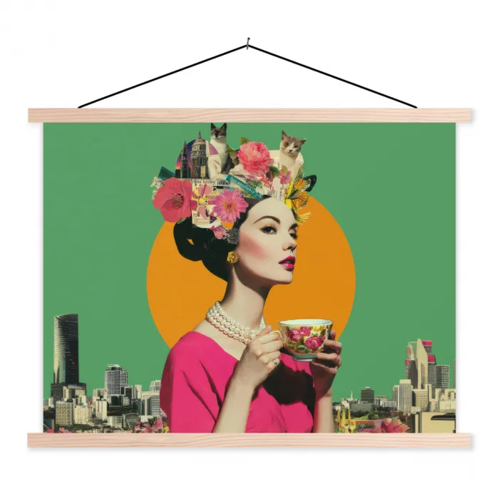 Retro - Vrouw - Stad - Zon textielposter latten blank klein -3d