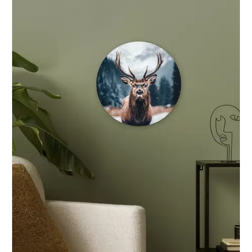 Hert - Dieren - Landschap - Winter - Sneeuw Wandcirkel kunststof plaat 5mm dik klein -sfeer3