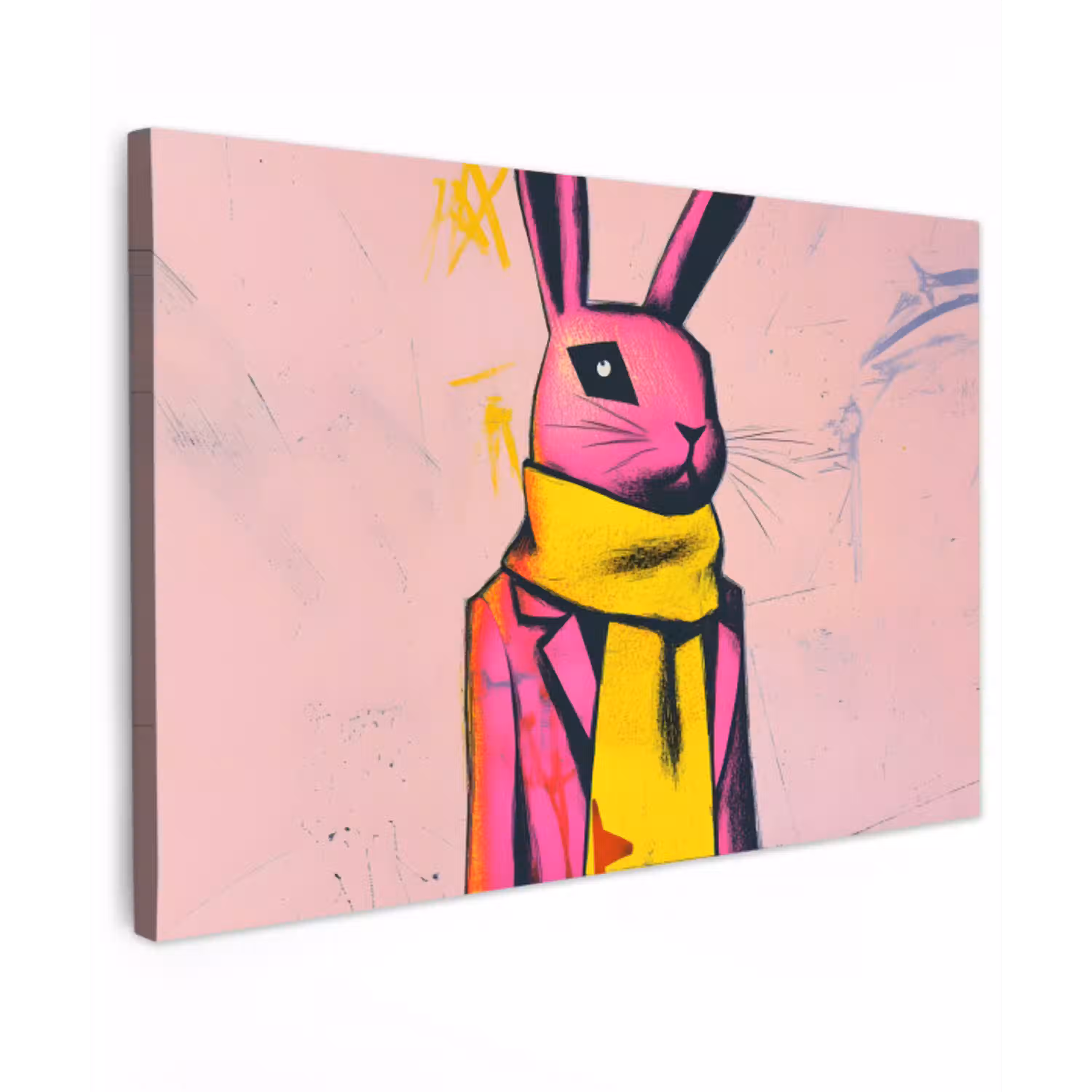 Abstract - Konijn - Sjaal - Geel Tuinposter op houten frame 2 cm dik klein -3d