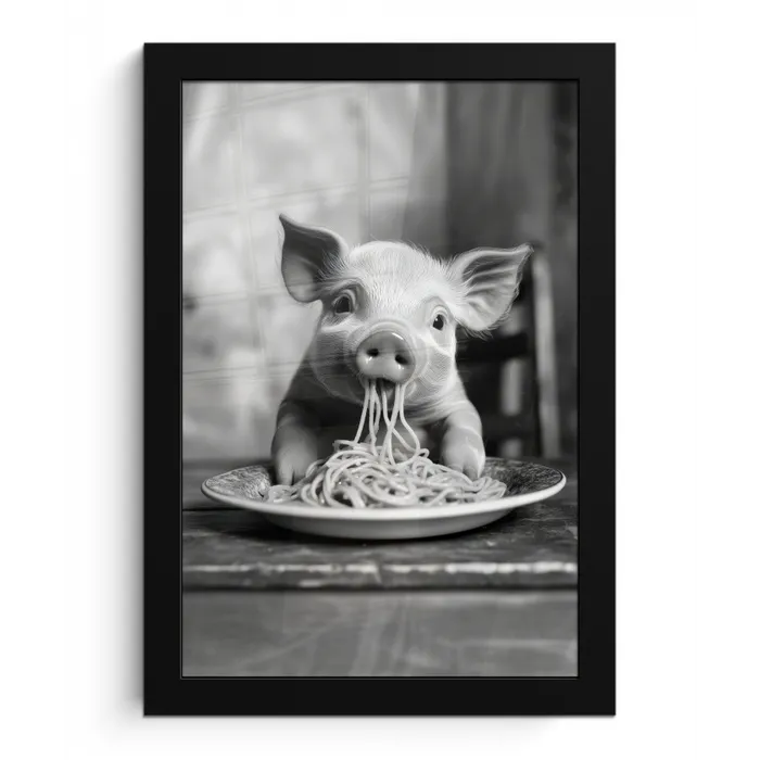 Varken - Schattig - Spaghetti - Zwart wit - Dier fotolijst zwart zonder passe partout klein -3d