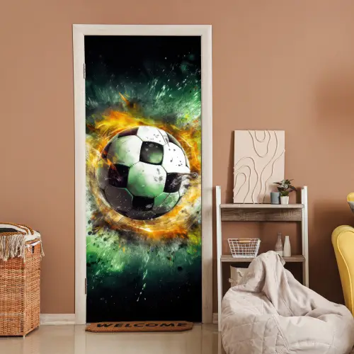 Bal - Voetbal - Groen - Oranje - Rook deurposter klein -sfeer1