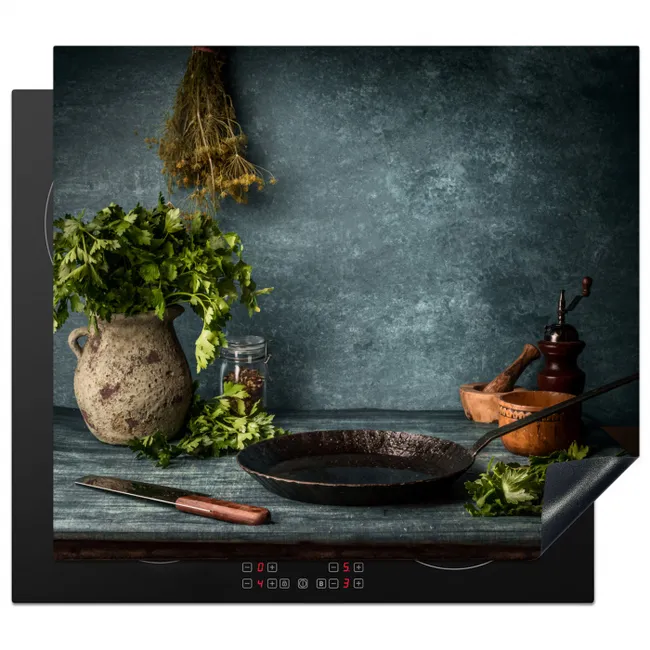 Protection plaque induction - Herbes - Épices - Poêle - Couteau - Gris - Rustique